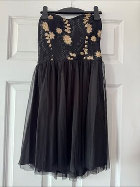 As U Wish Black Strapless Mini Dress with Gold Floral Accents